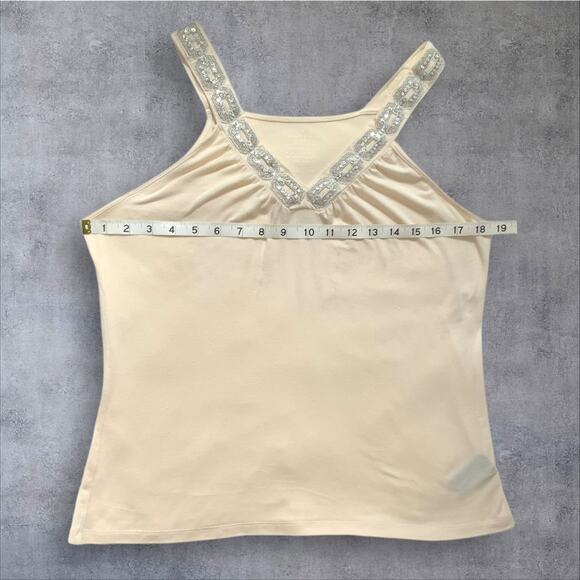 Tank Top Large Cream with Sequin Embellished V Neckline Work To Weekend Shirt - Picture 2 of 9